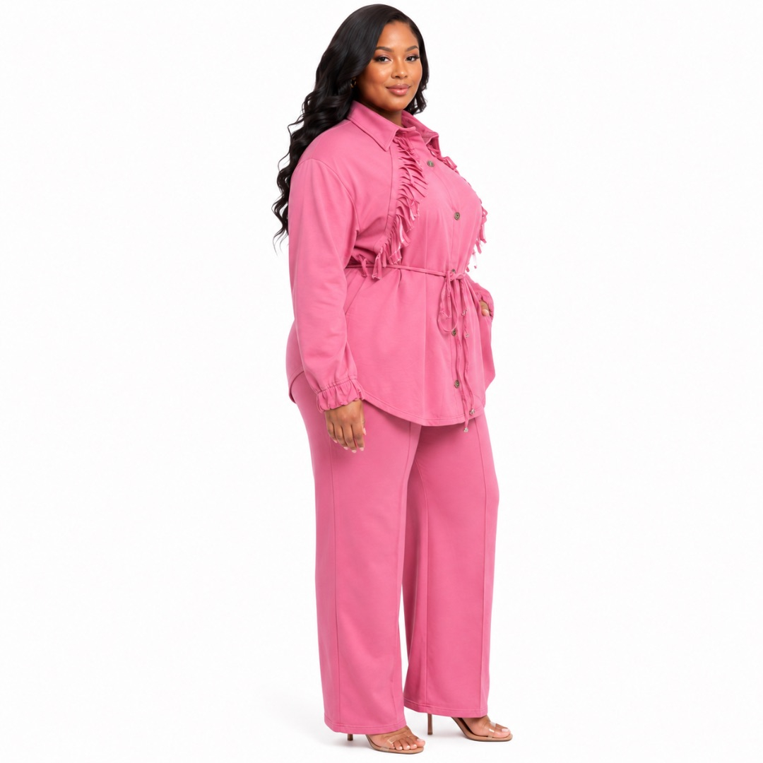 Fringed Belted Shirt and Straight Leg Trousers Set